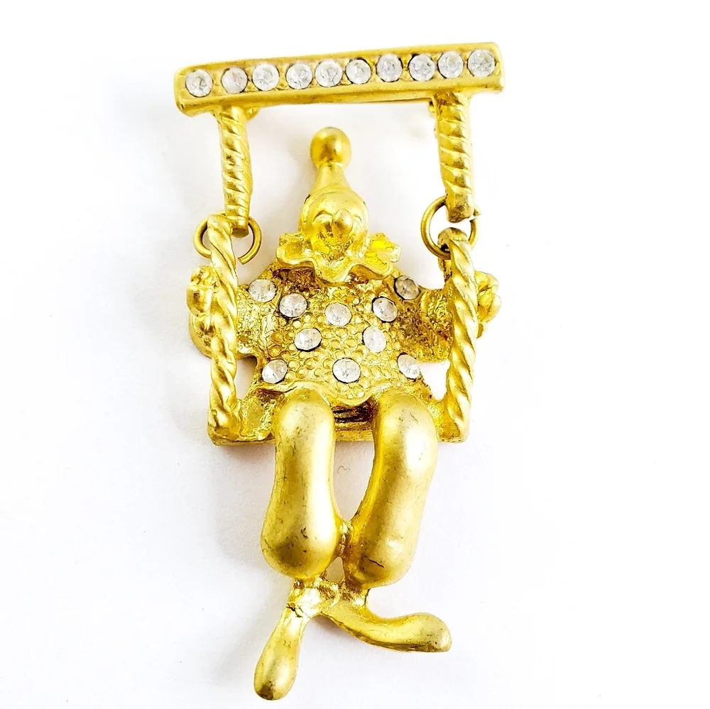 Vintage Brooch Clown Pin Gold + Rhinestones